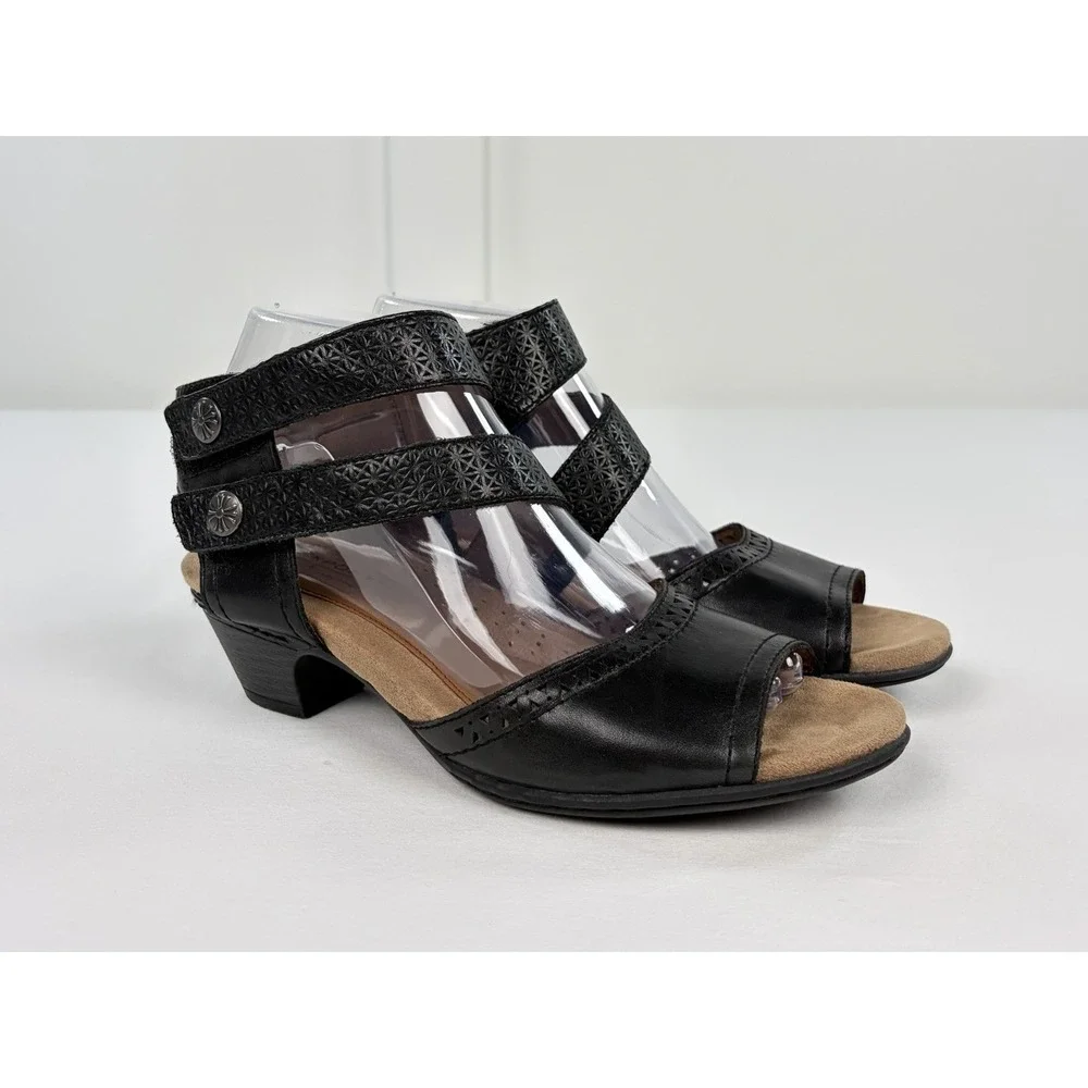 Cobb Hill Abbott Black Leather 2 Piece Cuff Comfort Sandal Heels Women's 7.5 M